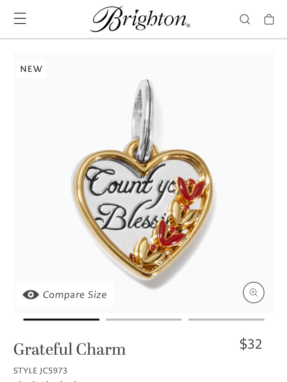 🦃Listing! Brighton Grateful charm Gold Silver Heart reads Count your Blessings - Picture 6 of 8